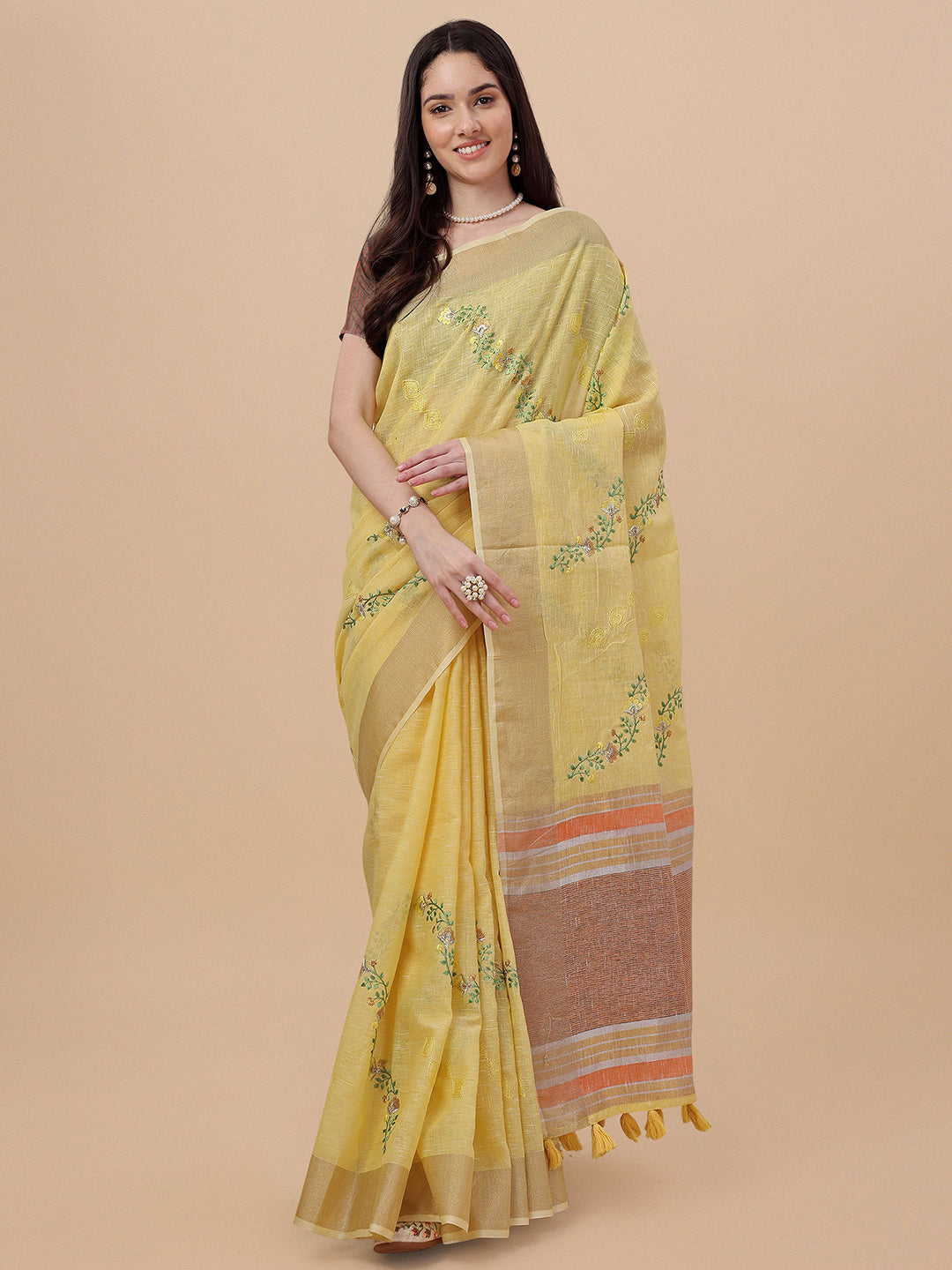 Mitera Floral Zari Pure Linen Saree - Distacart