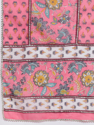 Libas Pink Floral Printed Panelled Pure Cotton Kurta With Palazzos & Dupatta - Distacart