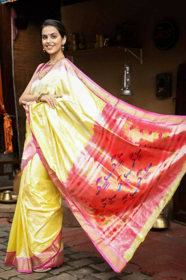 Very Much Indian Handloom Pure Silk Paithani Pastel Light Yellow - Distacart