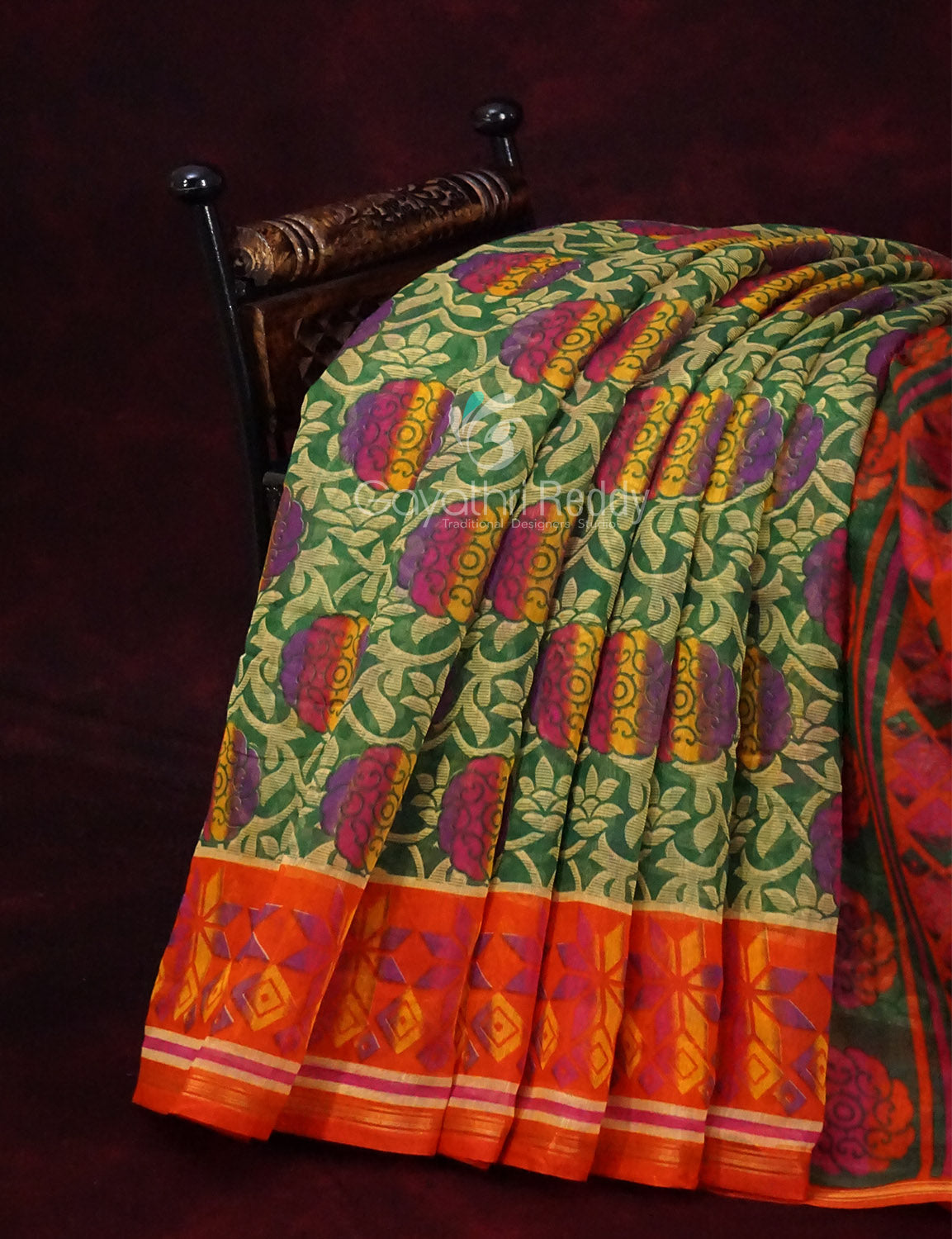 Dark Leaf Green Printed Semi Chanderi Saree By Gayathri Reddy Designer Studio - Distacart