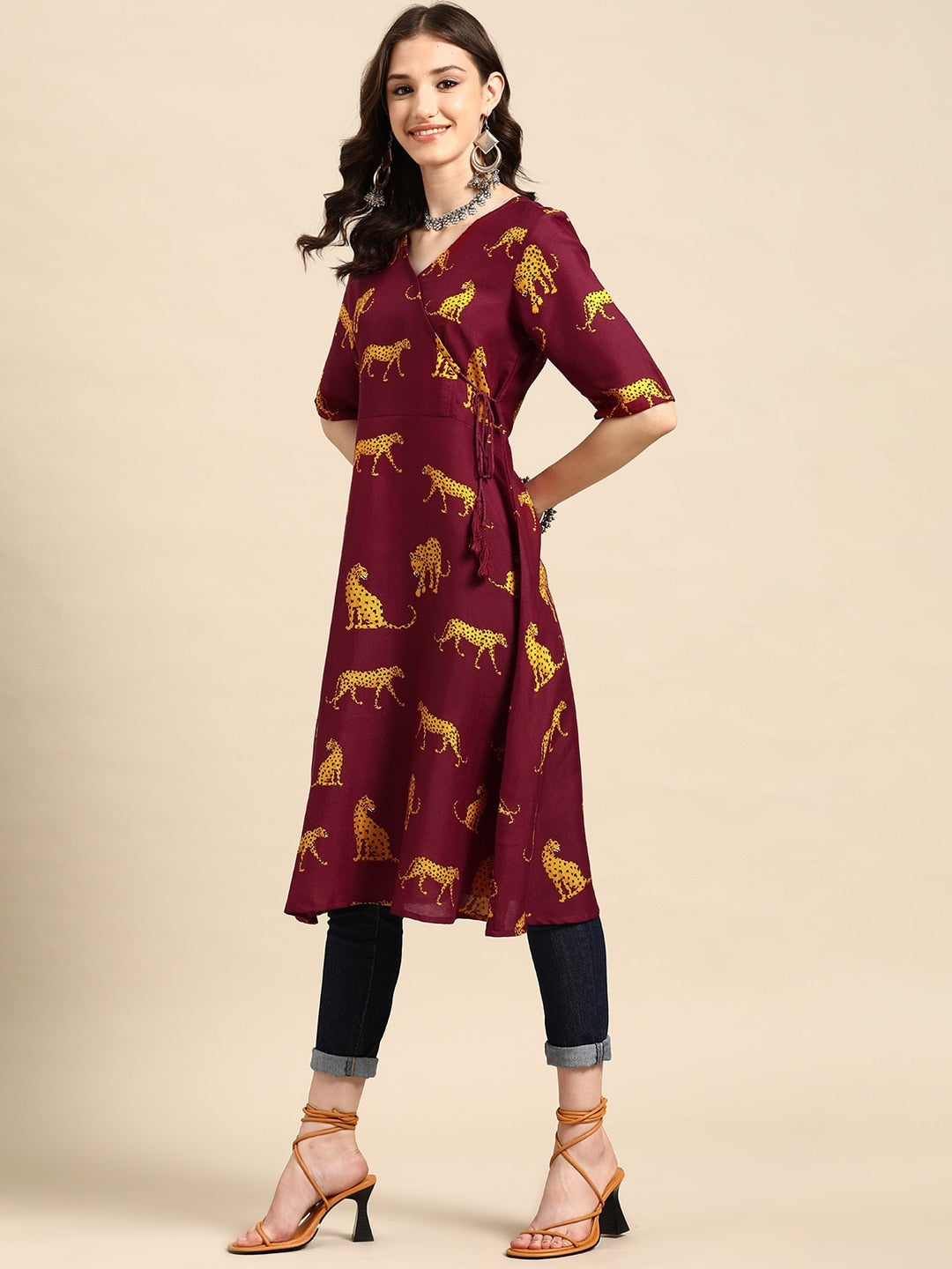 Sangria Animal Print Angrakha Kurta - Distacart