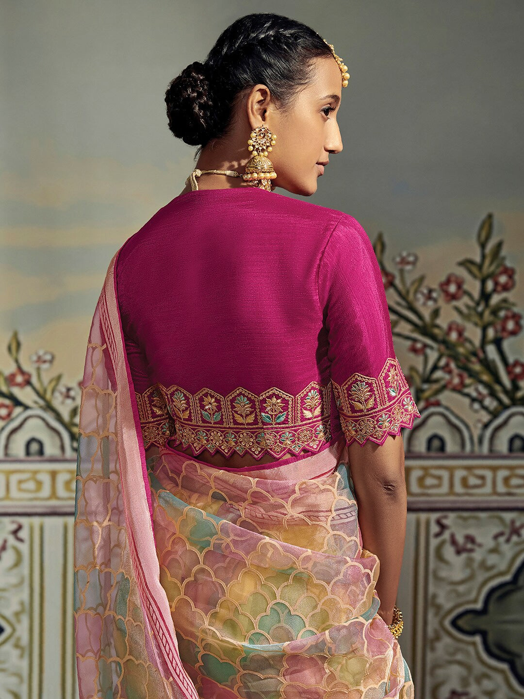 Mitera Pink & Blue Brasso Chanderi Saree - Distacart