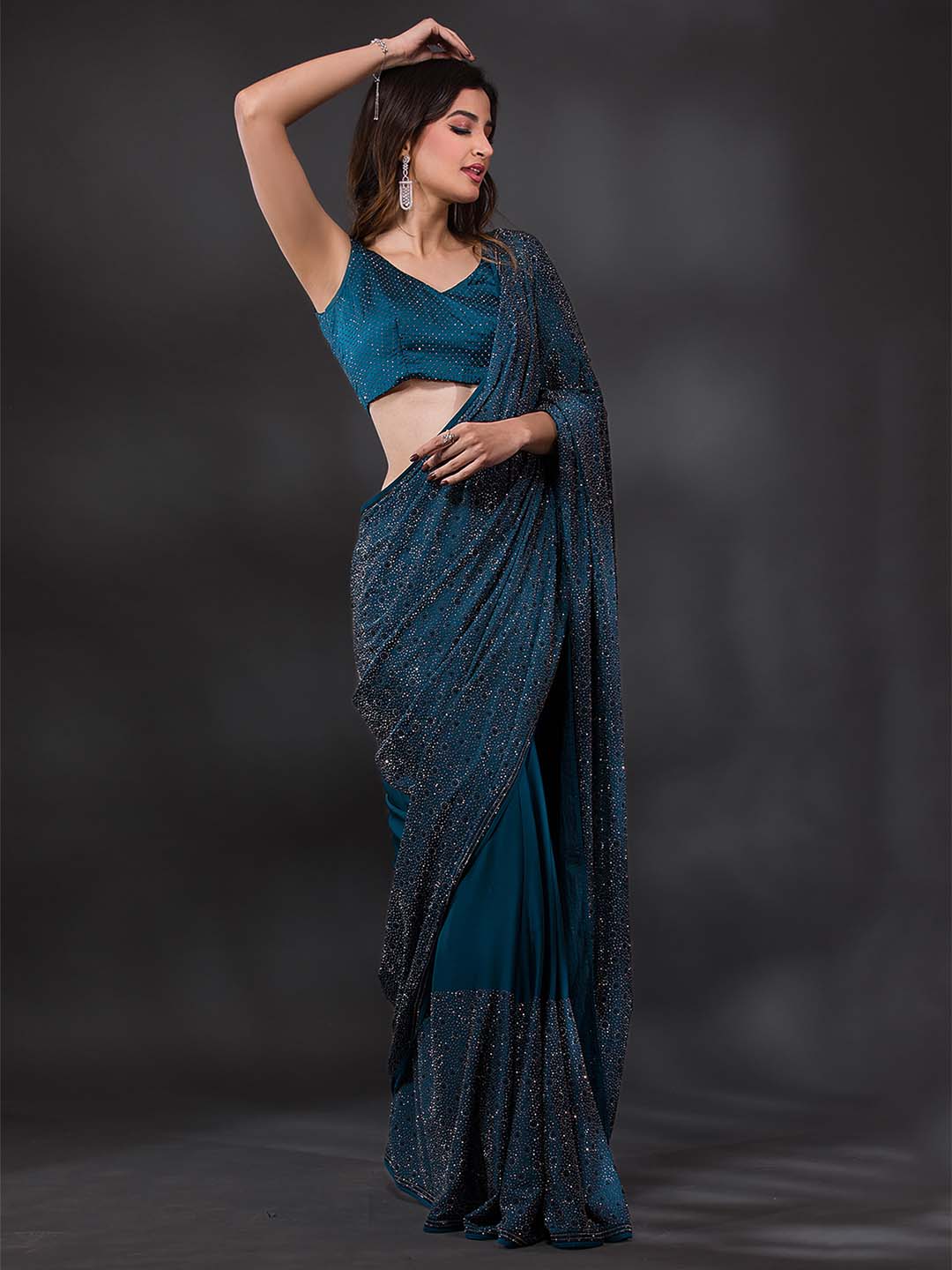 Koskii Embellished Stones Work Poly Crepe Saree With Blouse Piece - Distacart