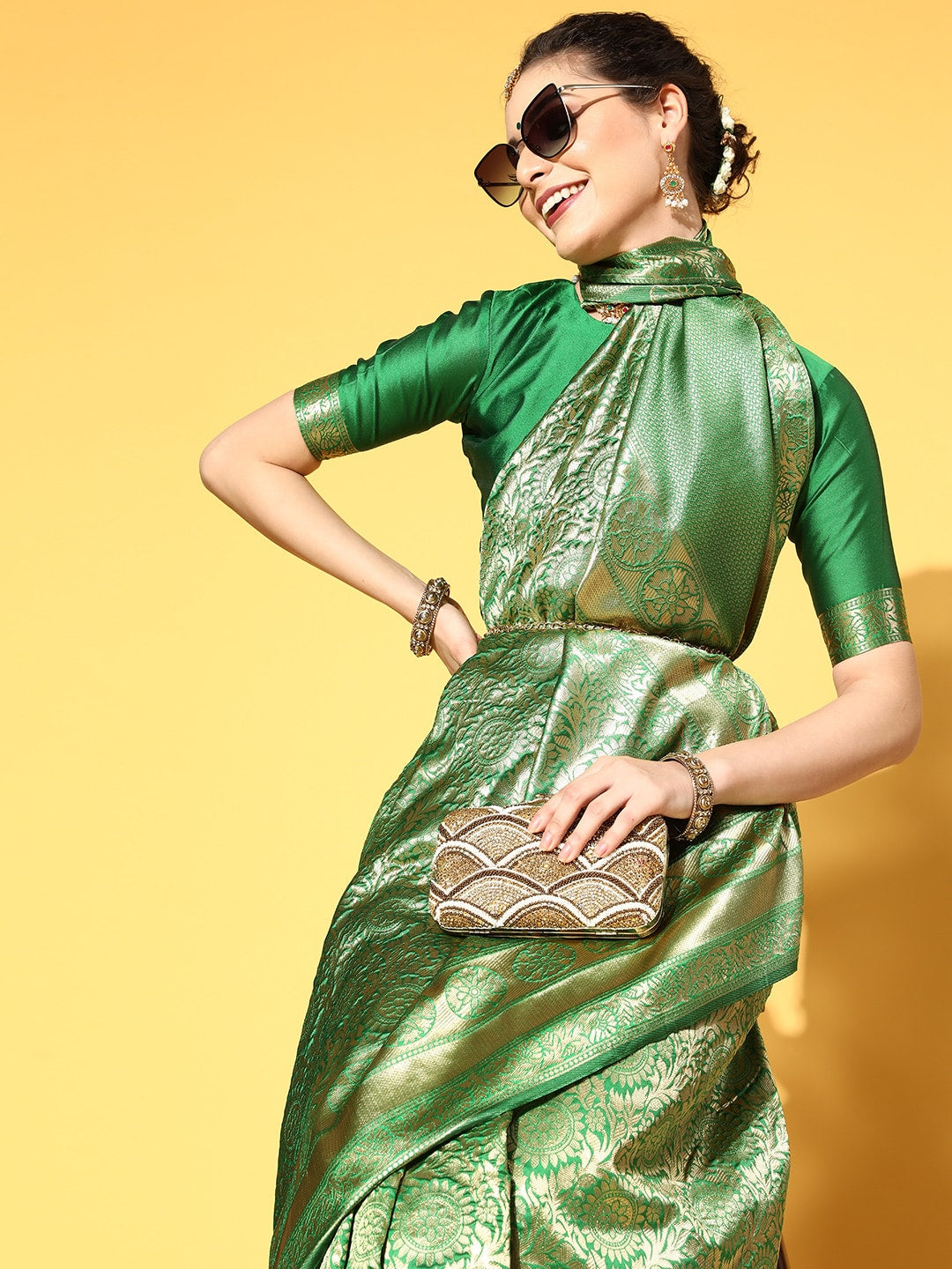 Saree Mall Green & Golden Woven Design Banarasi Saree - Distacart