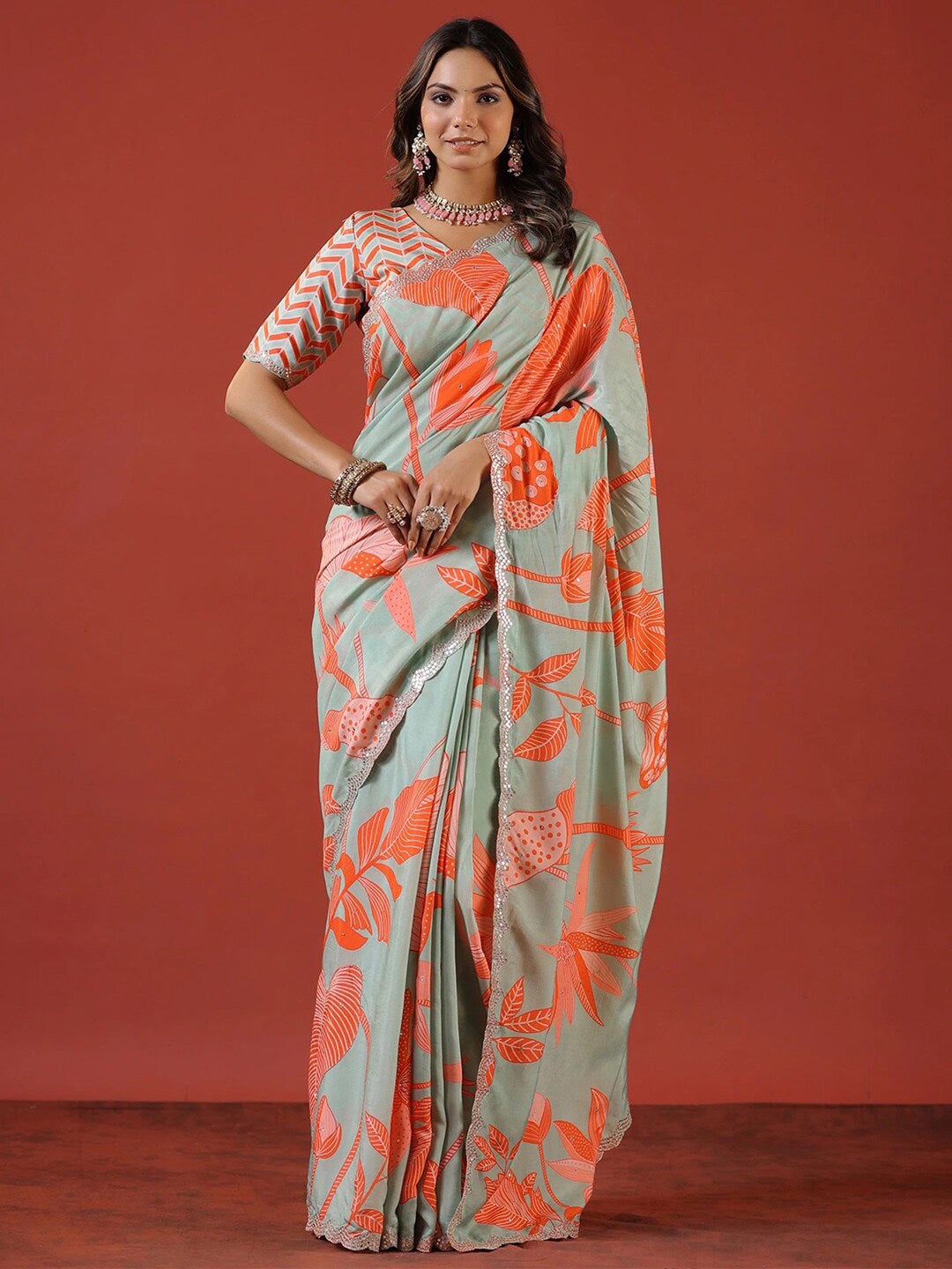 Sangria Sea Green Floral Printed Zari Saree - Distacart
