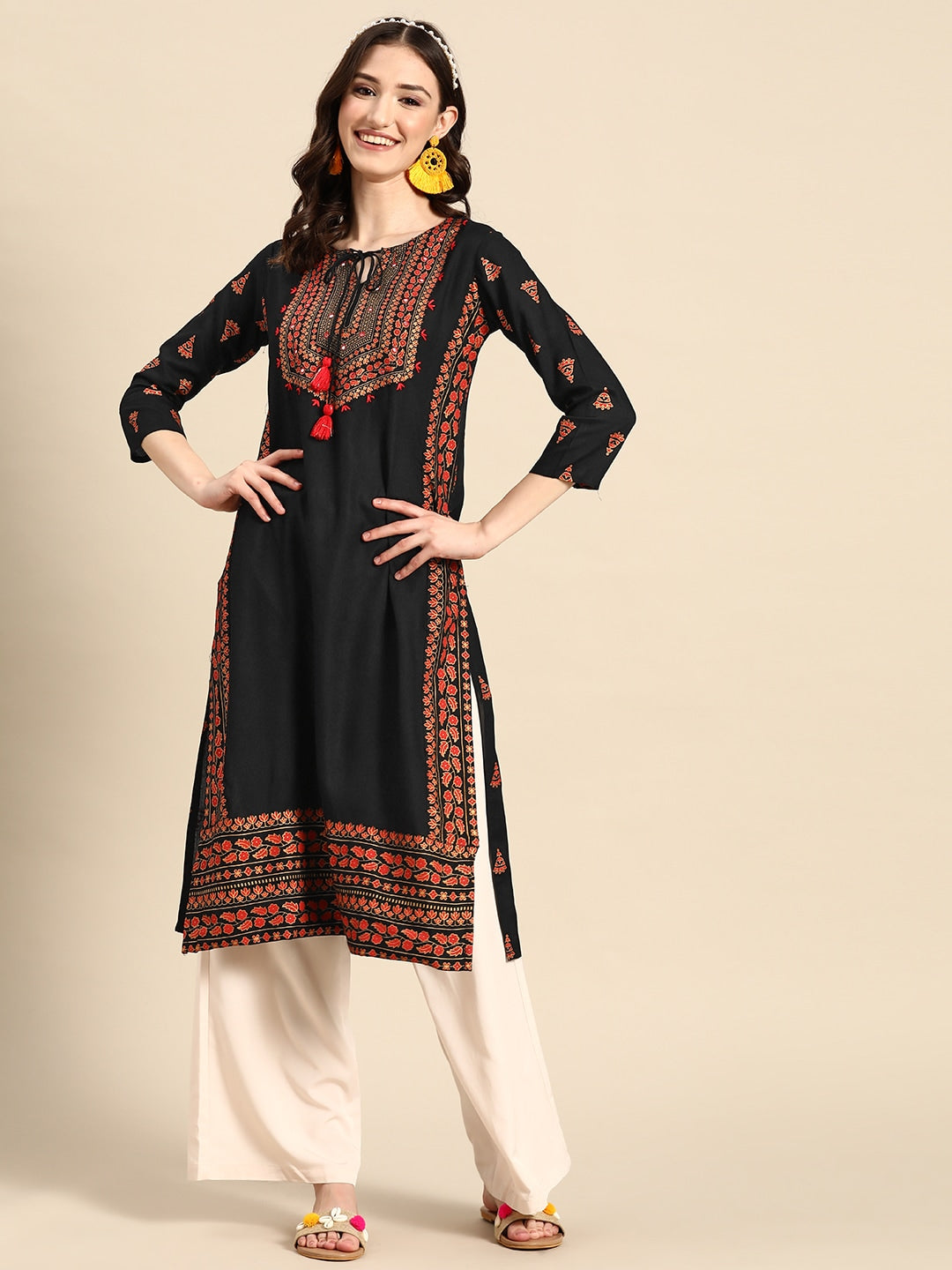 Sangria Floral Yoke Printed Mirror Work Kurta - Distacart
