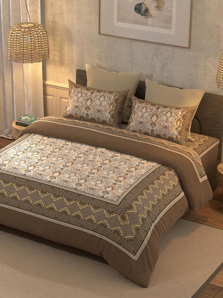 BELLA CASA Brown & Beige Ethnic Motifs Cotton 350 TC King Bedsheet with 2 Pillow Covers - Distacart