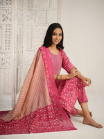 Thumbnail for Sangria Red Floral Printed Gotta Patti Pure Cotton Kurta With Trouser & Dupatta - Distacart