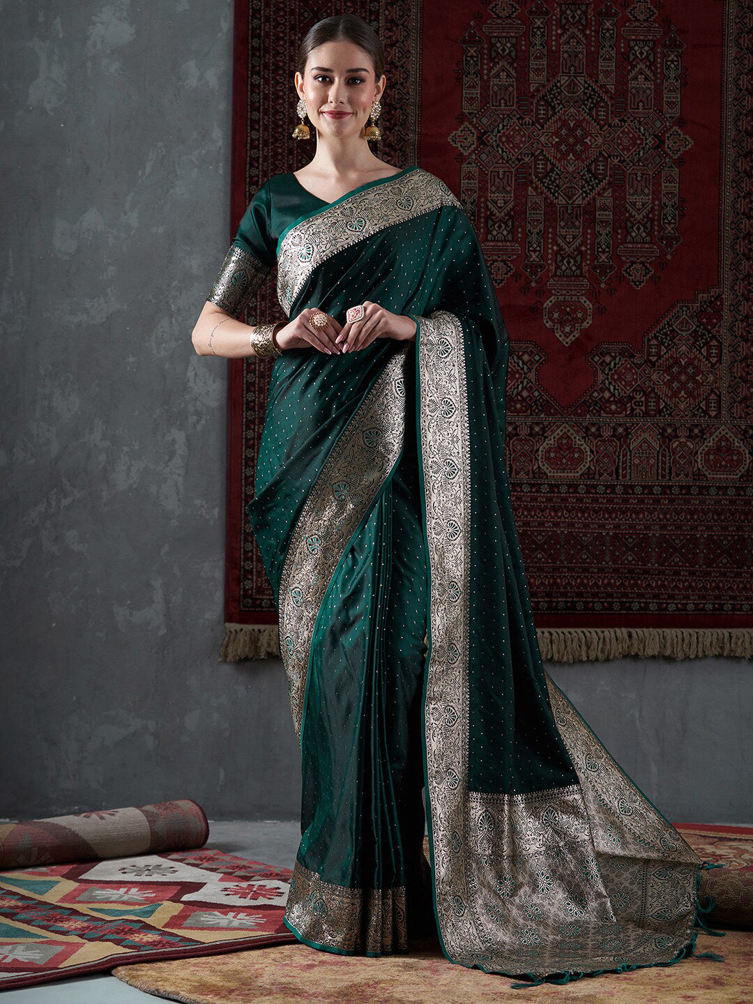 Mitera Green & Gold-Toned Ethnic Motifs Woven Design Zari Satin Banarasi Saree - Distacart