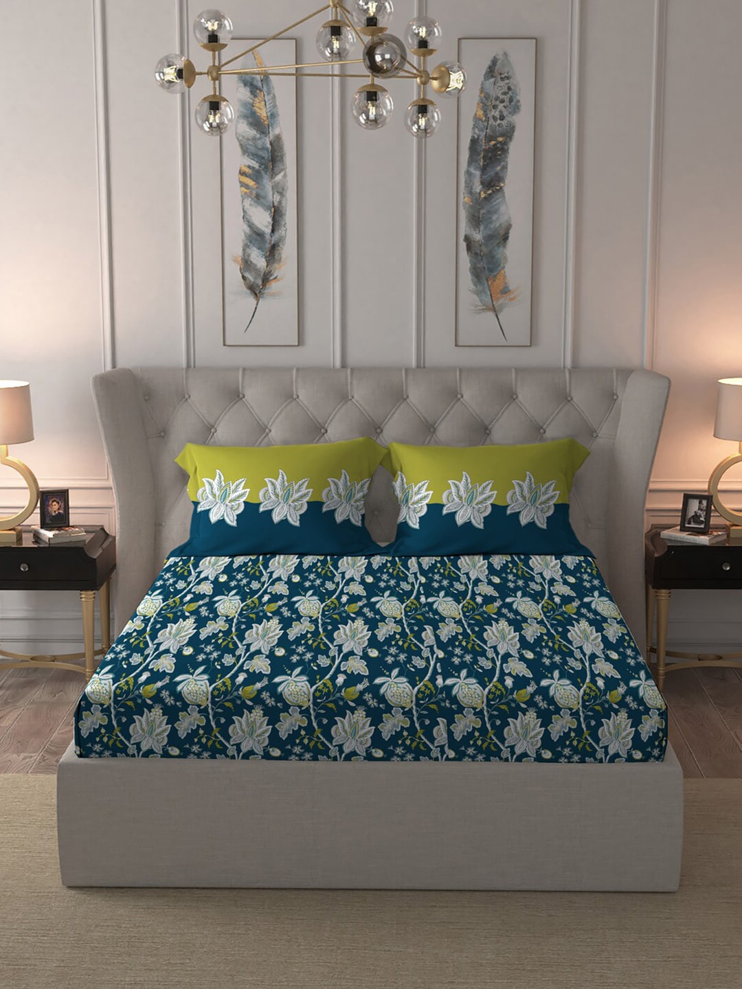 MYTRIDENT Blue White Floral Cotton 144 TC Queen Bedsheet With 2 Pillow Covers - Distacart