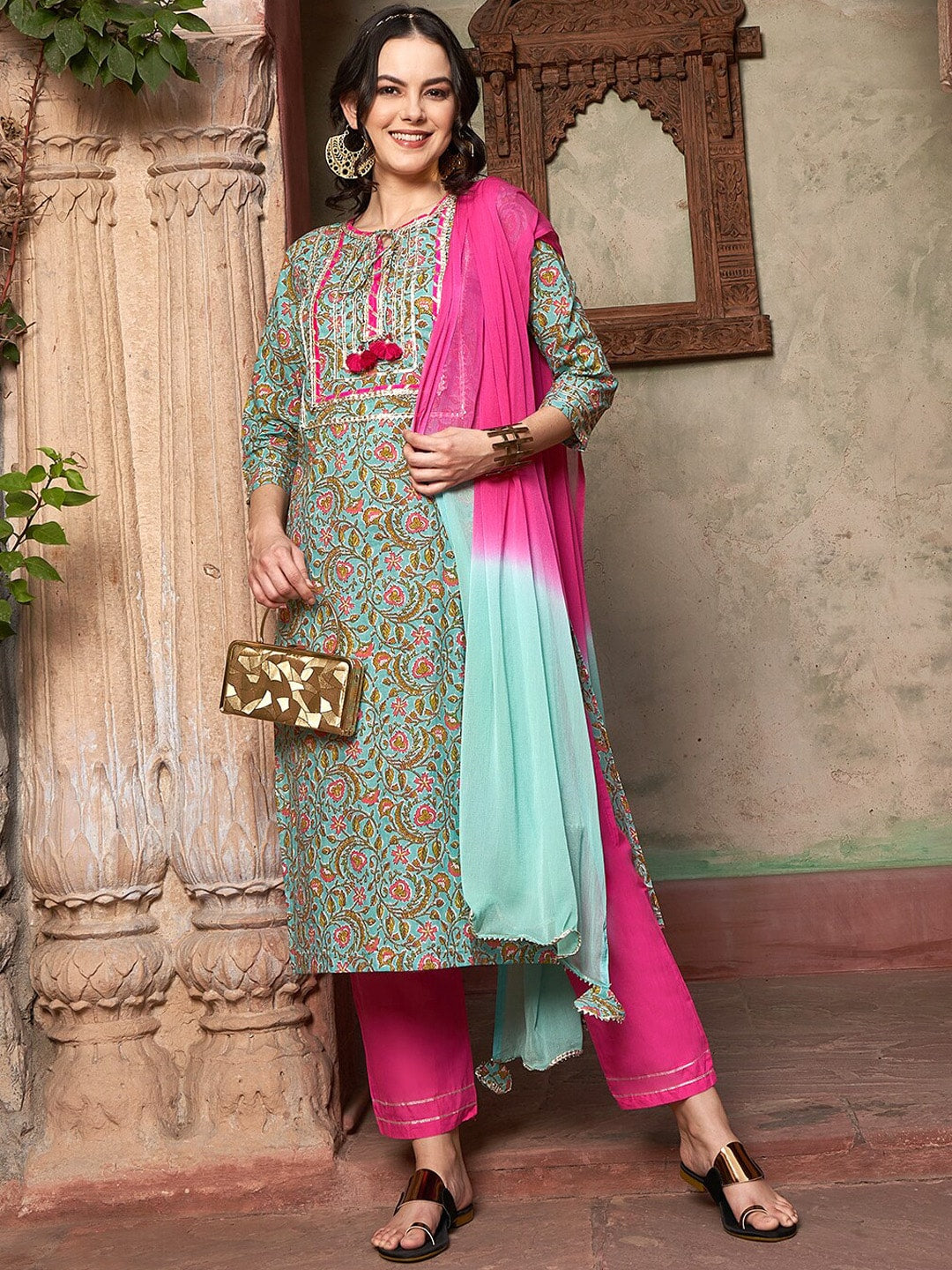 Sangria Ethnic Motifs Yoke Design Pure Cotton Kurta With Trousers & Dupatta - Distacart
