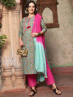 Thumbnail for Sangria Ethnic Motifs Yoke Design Pure Cotton Kurta With Trousers & Dupatta - Distacart