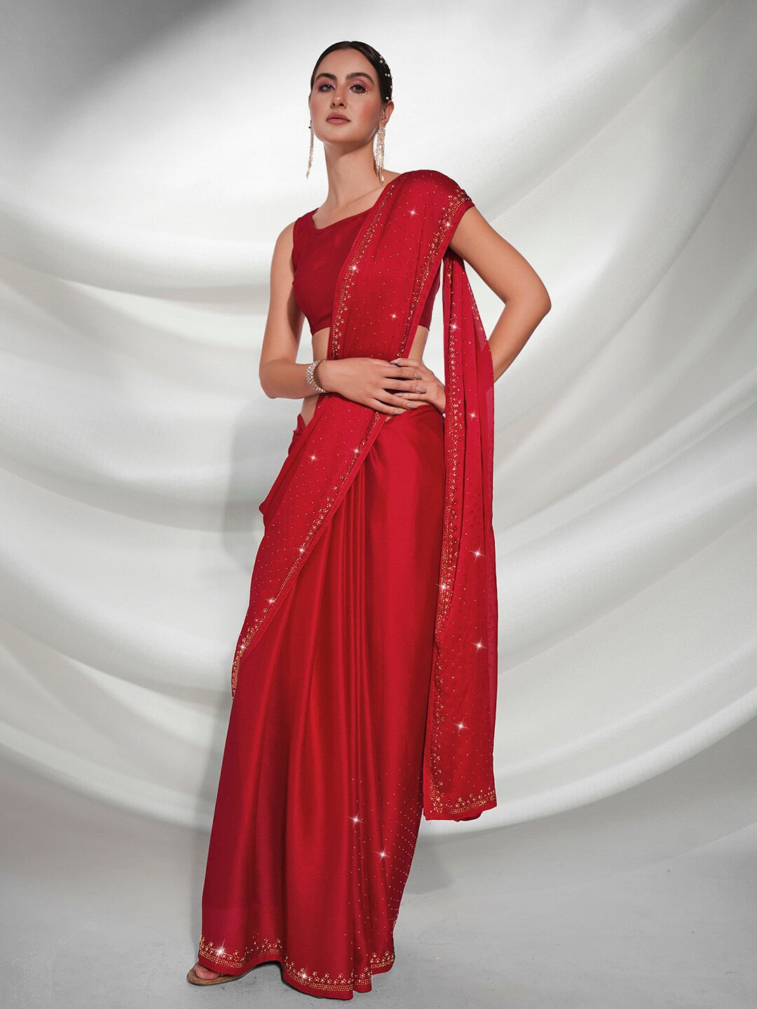 Mitera Red Embellished Beads and Stones Satin Saree - Distacart