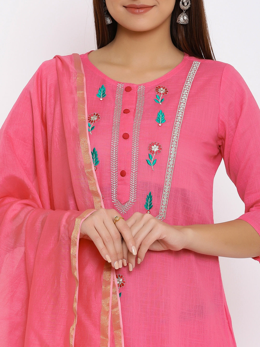 HERE&NOW Pink & Green Floral Embroidered Zari Work Kurta with Palazzos & Dupatta - Distacart