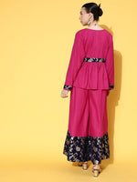 Thumbnail for InWeave Women's Fuchsia Blue Brocade Mughal Shaan Kurta Palazzo Set - Distacart