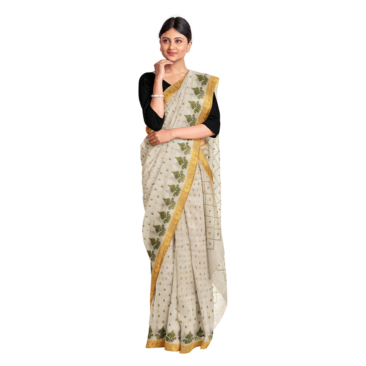 Exclusive Collection 100% Pure Cotton Off White Pesta Saree With Printed Work - Distacart