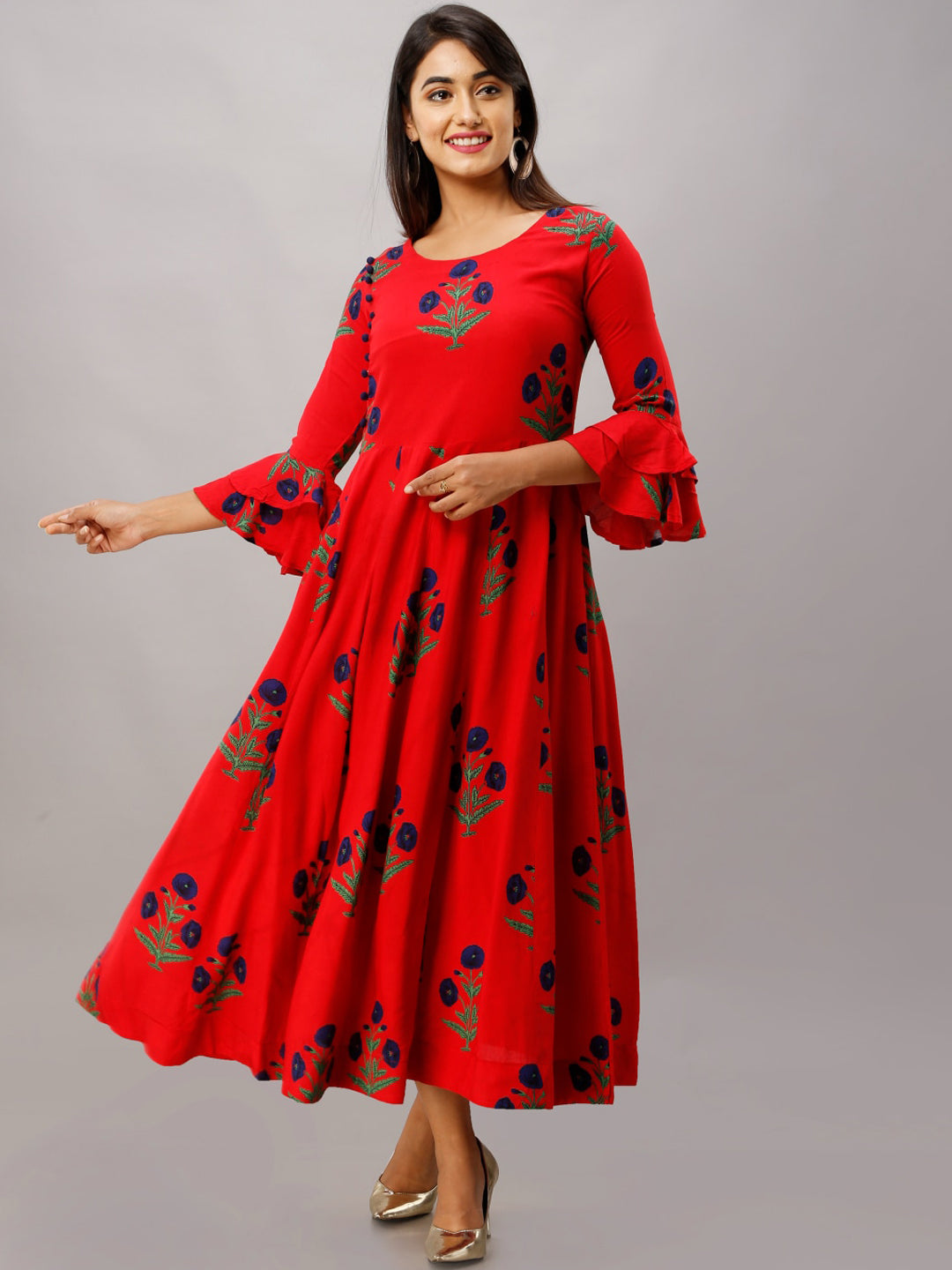 Kalini Women Red Floral Embroidered Flared Sleeves Anarkali Kurta - Distacart