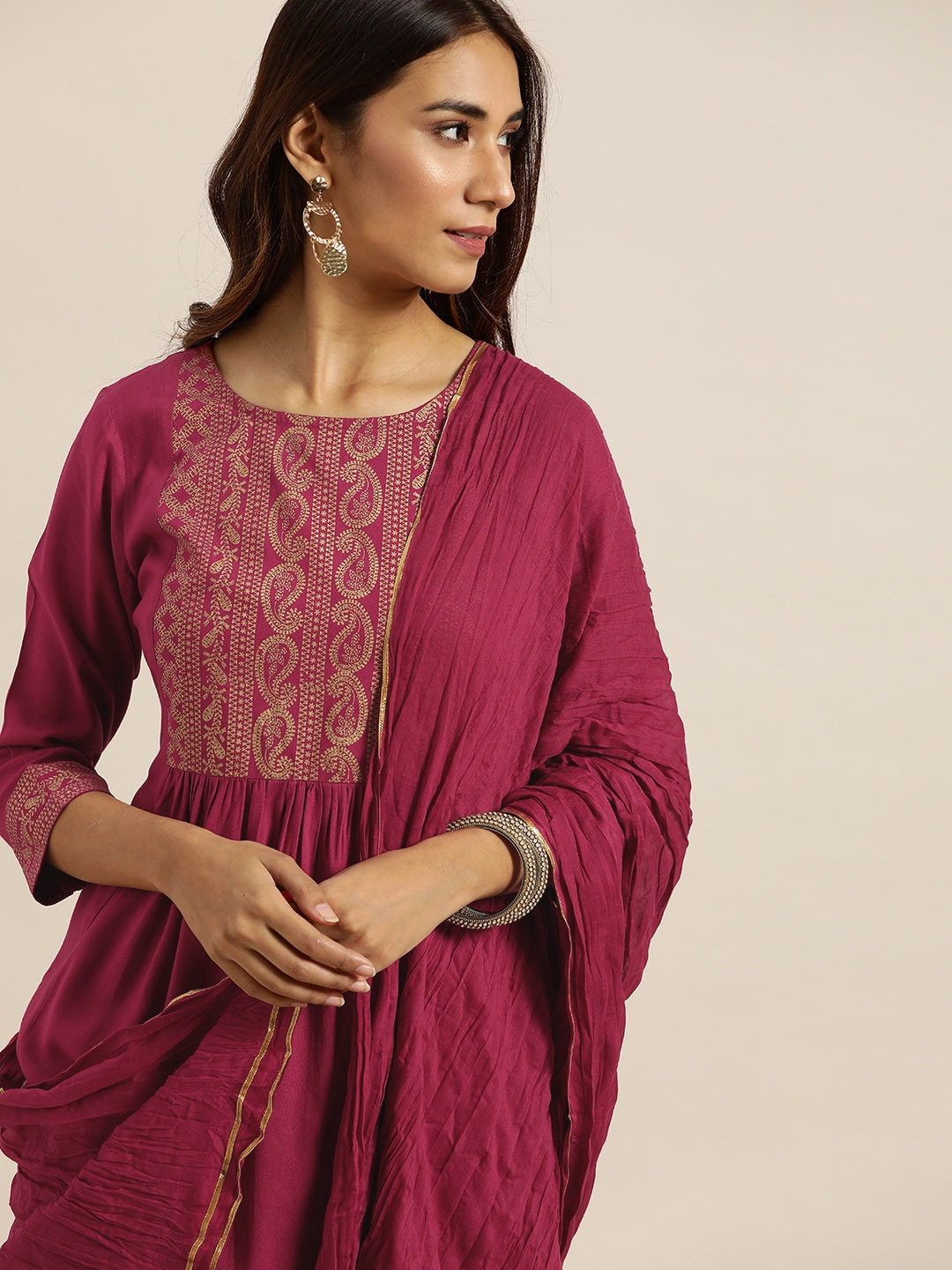 Sangria Women Magenta & Golden Printed Kurta with Palazzos & Dupatta - Distacart