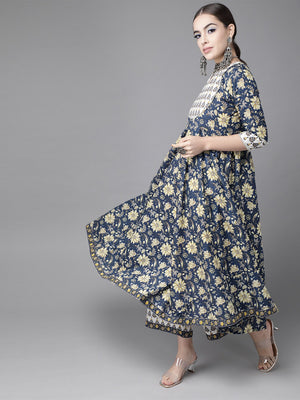 Libas Navy Blue Pure Cotton Floral Print Kurta with Palazzos & Dupatta - Distacart