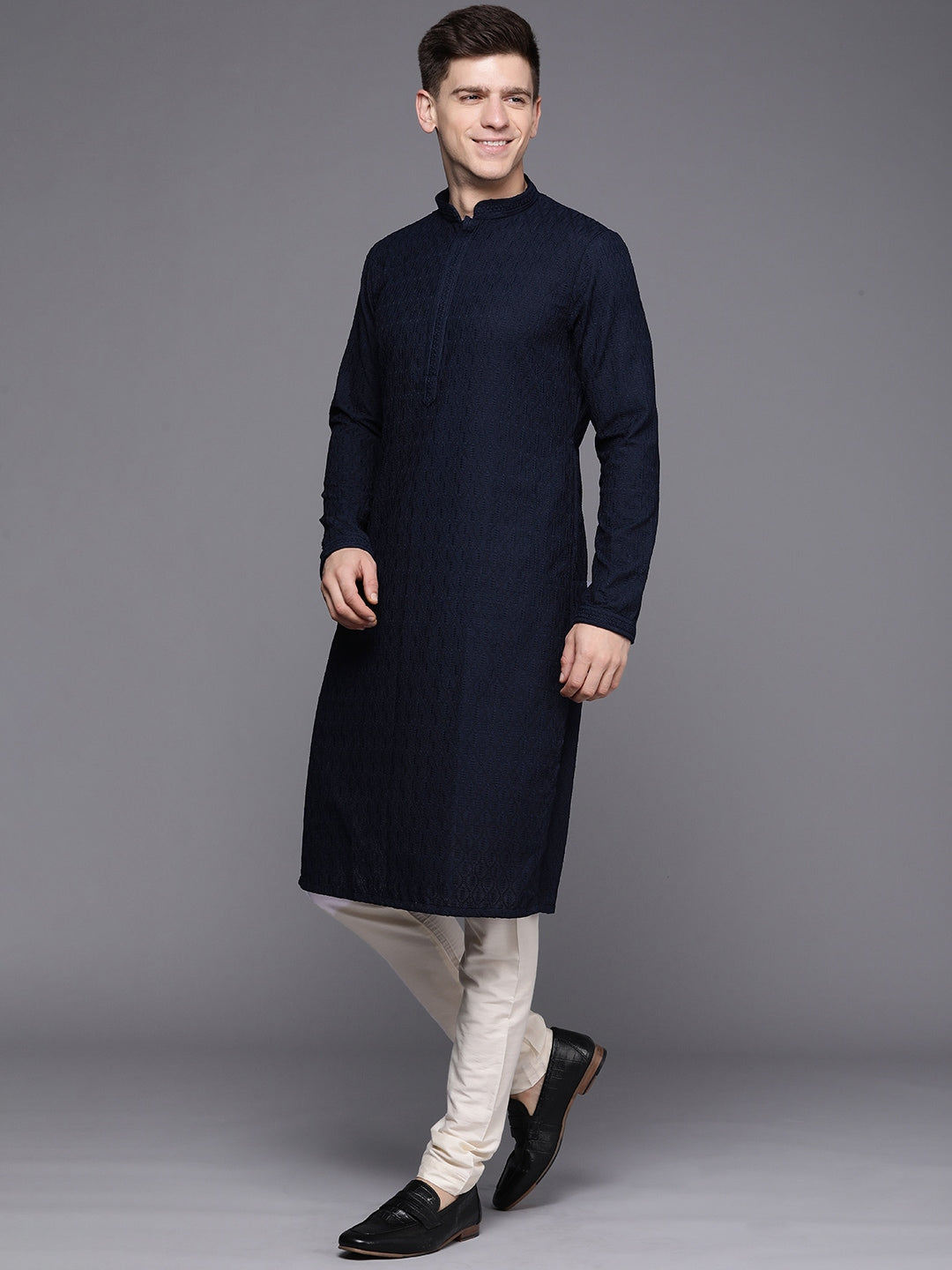 Manyavar Men Blue Ethnic Motifs Woven Design Kurta with Churidar - Distacart