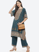 Thumbnail for Biba Women Teal Green & Orange Ethnic Motifs Printed Kurta with Palazzos - Distacart