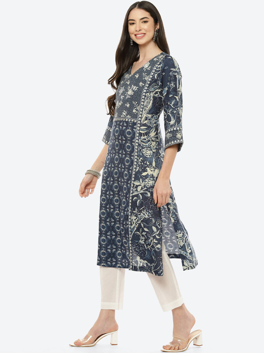 Biba Women Navy Blue & Off White Ethnic Motifs Print Straight Kurta - Distacart