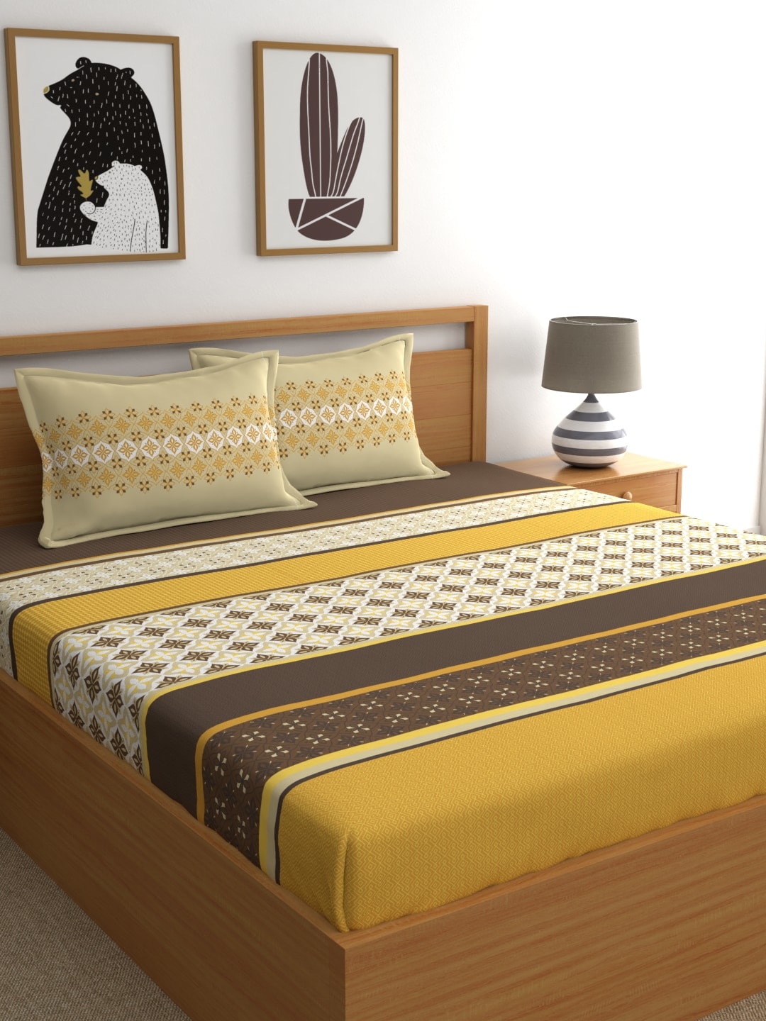 Home Ecstasy Mustard & White Ethnic Motifs 140 TC King Bedsheet with 2 Pillow Covers - Distacart