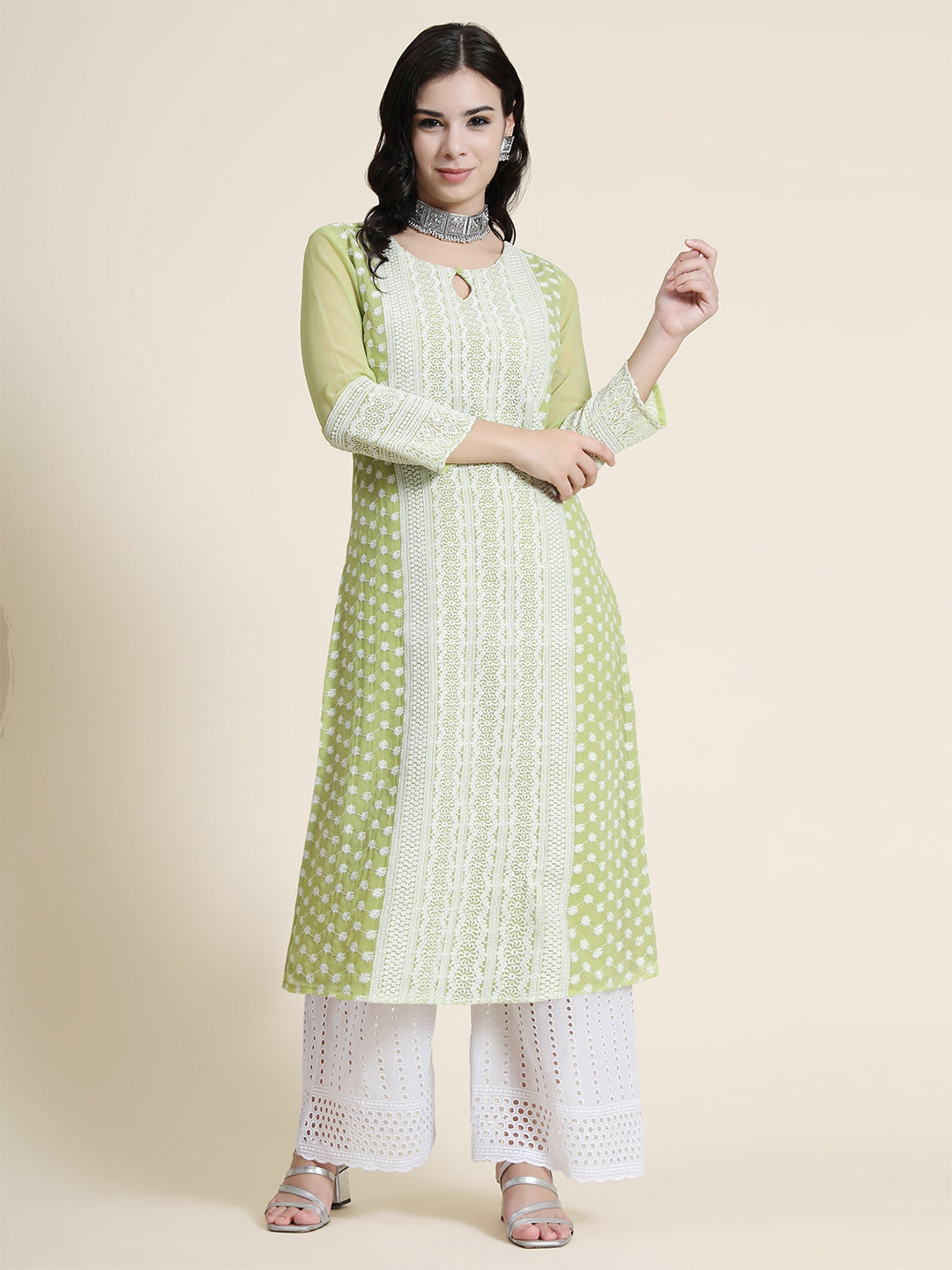 Kalini Women Green Geometric Embroidered Keyhole Neck Thread Work Floral Georgette Kurta - Distacart