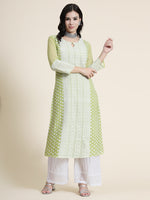 Thumbnail for Kalini Women Green Geometric Embroidered Keyhole Neck Thread Work Floral Georgette Kurta - Distacart