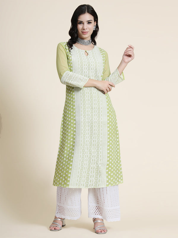 Kalini Women Green Geometric Embroidered Keyhole Neck Thread Work Floral Georgette Kurta - Distacart