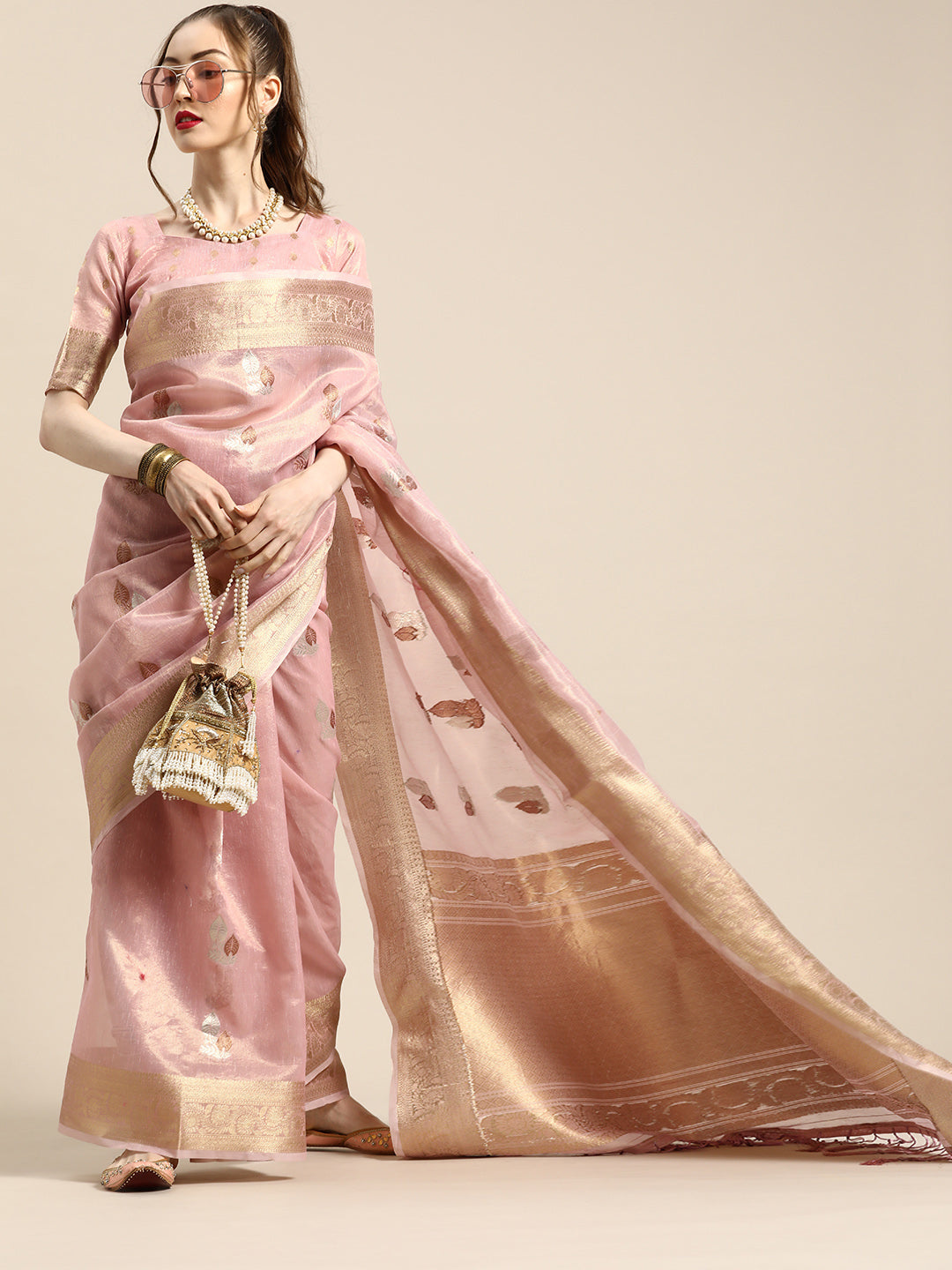 Saree Mall Ethnic Motifs Silk Blend with Woven Design Border Saree - Distacart