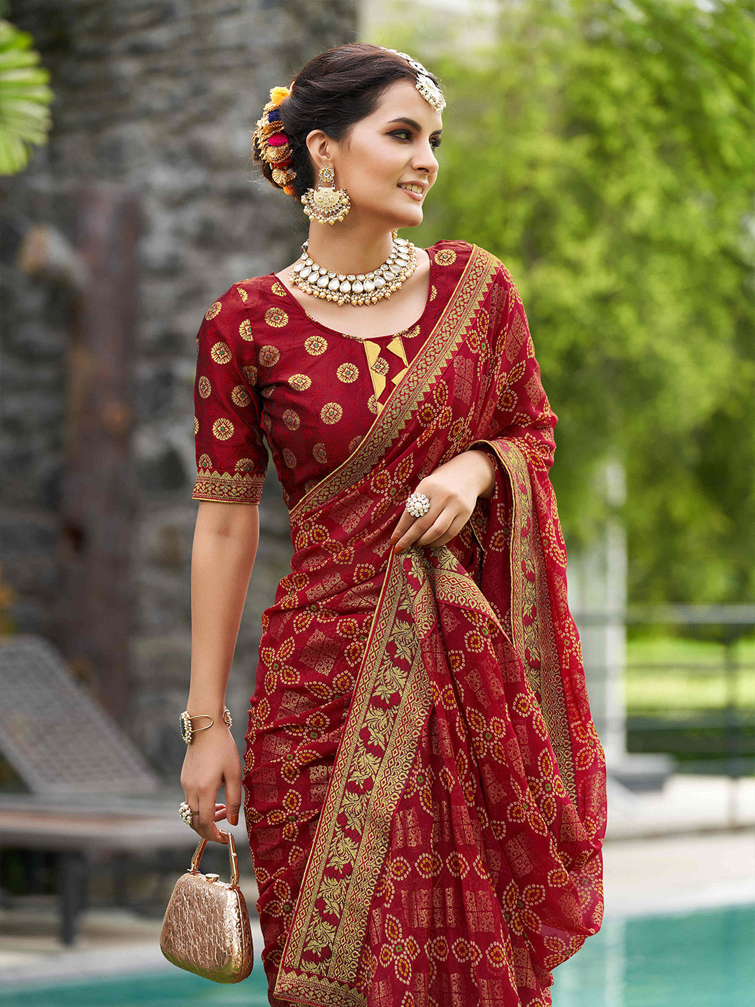 Mitera Bandhani Zari Pure Georgette Saree - Distacart