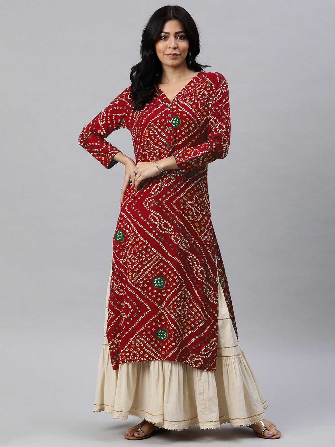 Ahika Women Red & Beige Bandhani Printed Straight Kurta - Distacart