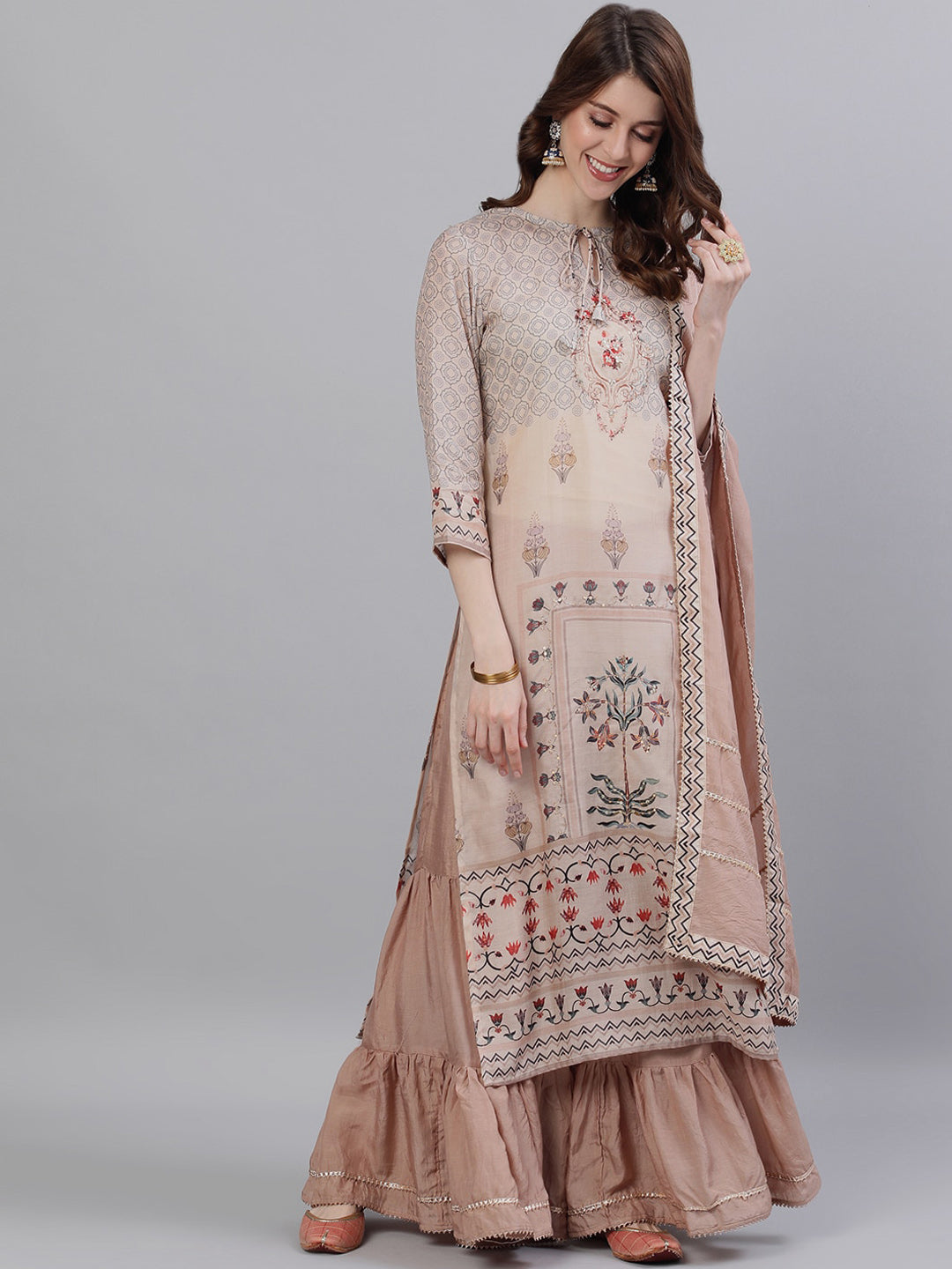 Ishin Women Peach-Coloured Embroidered Kurta with Sharara & Dupatta - Distacart