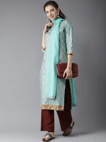 Thumbnail for HERE&NOW Women Blue & Brown Printed Kurta with Palazzos & Dupatta - Distacart