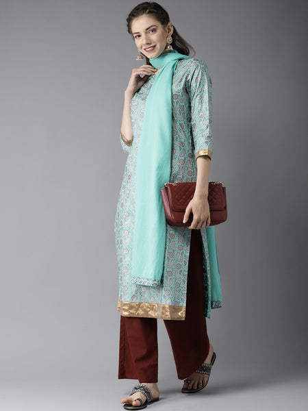 HERE&NOW Women Blue & Brown Printed Kurta with Palazzos & Dupatta - Distacart