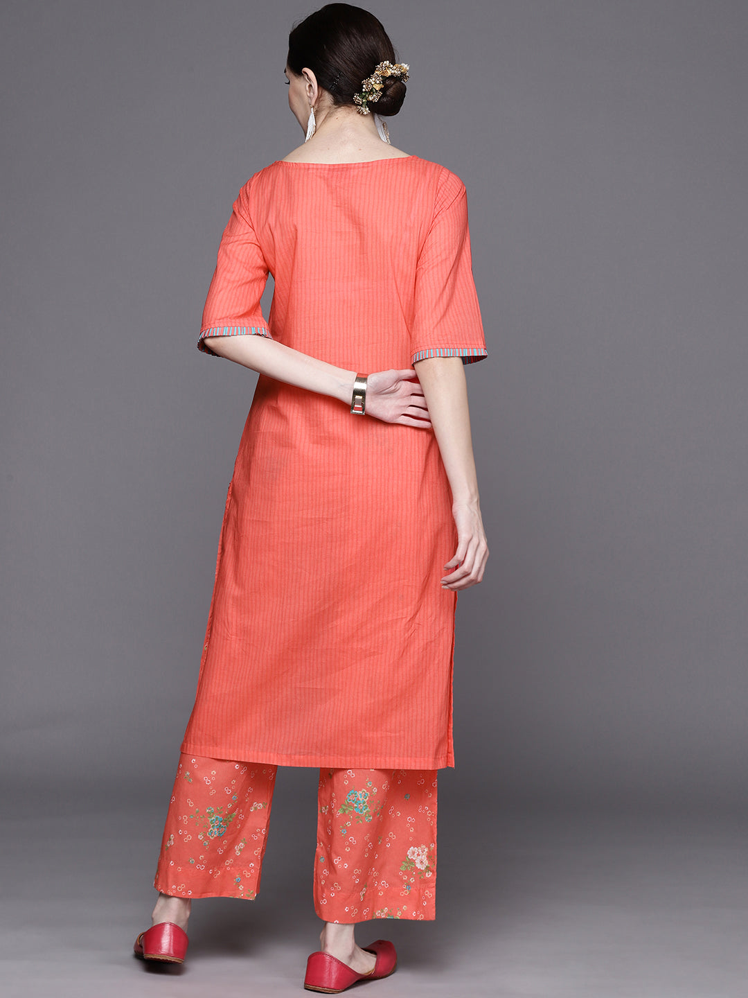 Biba Women Peach-Coloured Floral Yoke Design Pure Cotton Kurta with Palazzos - Distacart