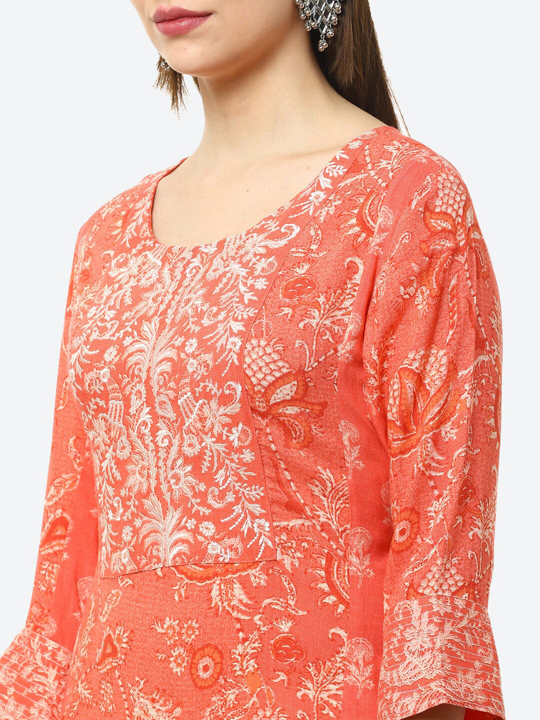 Biba Women Coral Orange Printed Kurta - Distacart