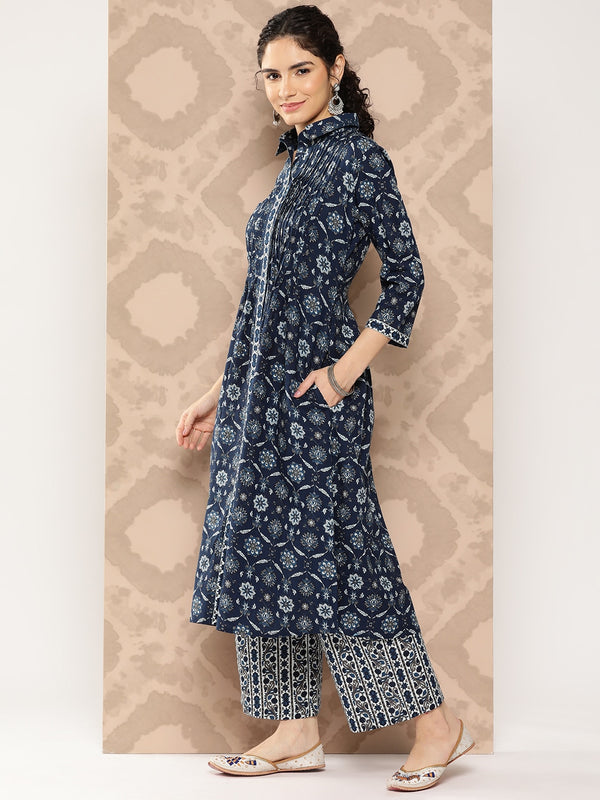 Kalini Ethnic Motifs Printed Pleated Pure Cotton Kurta with Palazzos & Dupatta - Distacart