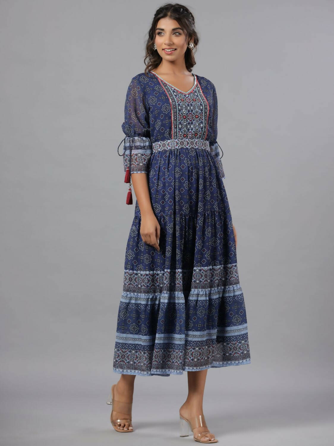 Juniper Women Navy Blue Georgette Geometric Printed Tiered Maxi Dress - Distacart