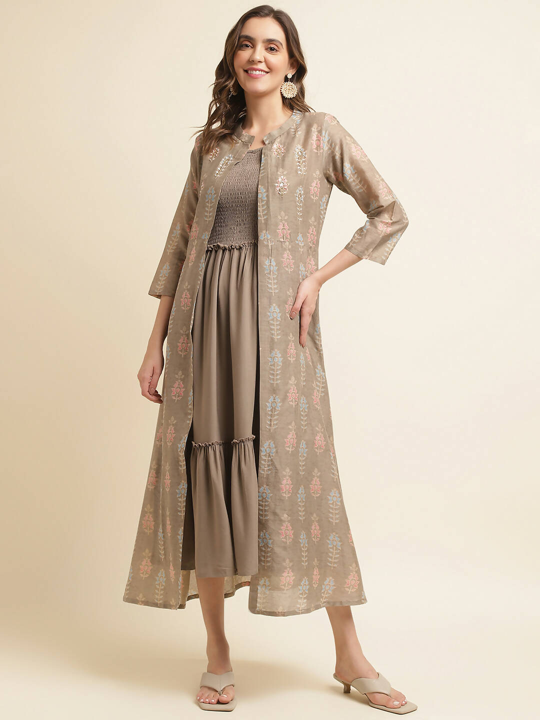 Brown Cotton Solid Flared Dress with Printed Shrug - Yukti - Distacart