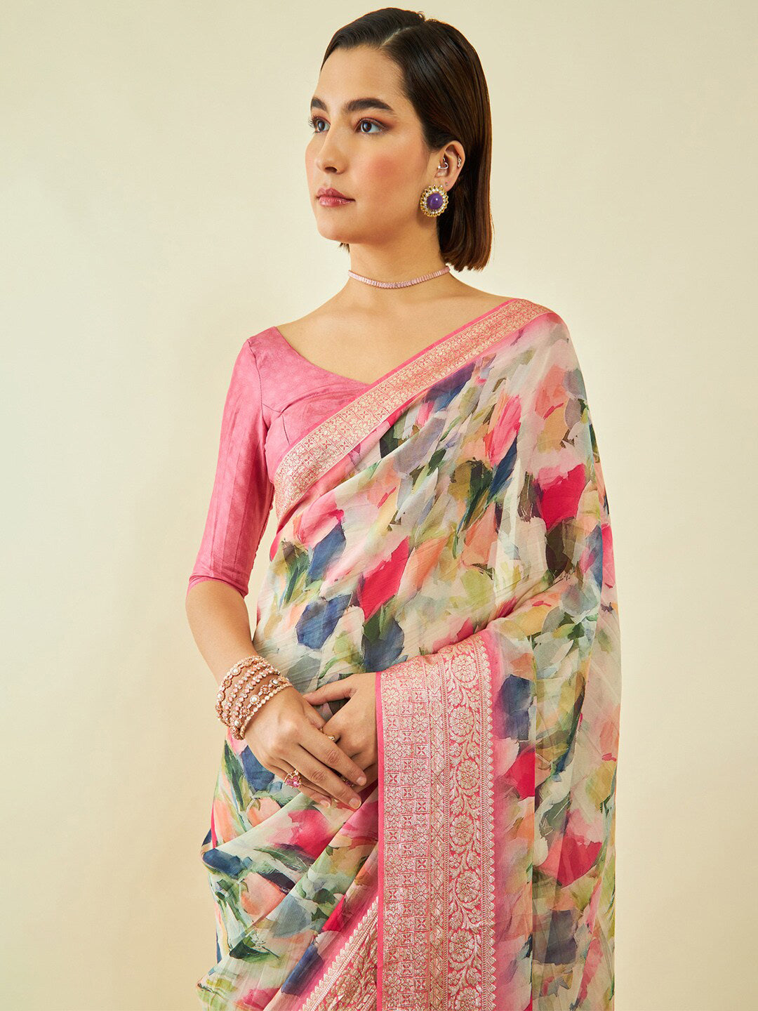 Soch Floral Zari Organza Saree - Distacart
