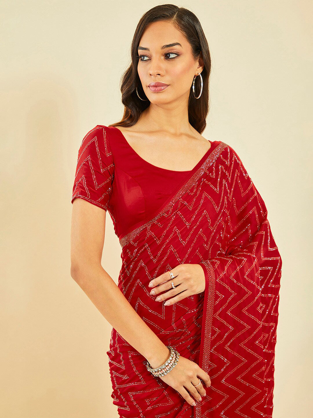 Soch Red Embellished Beads and Stones Saree - Distacart