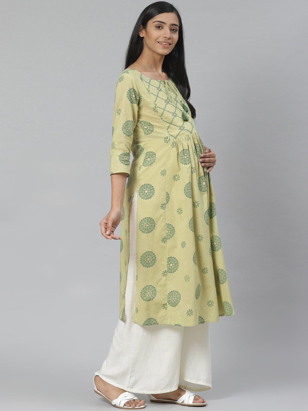 Anayna Women Green Printed Straight Pure Cotton Feeding Maternity Kurta - Distacart
