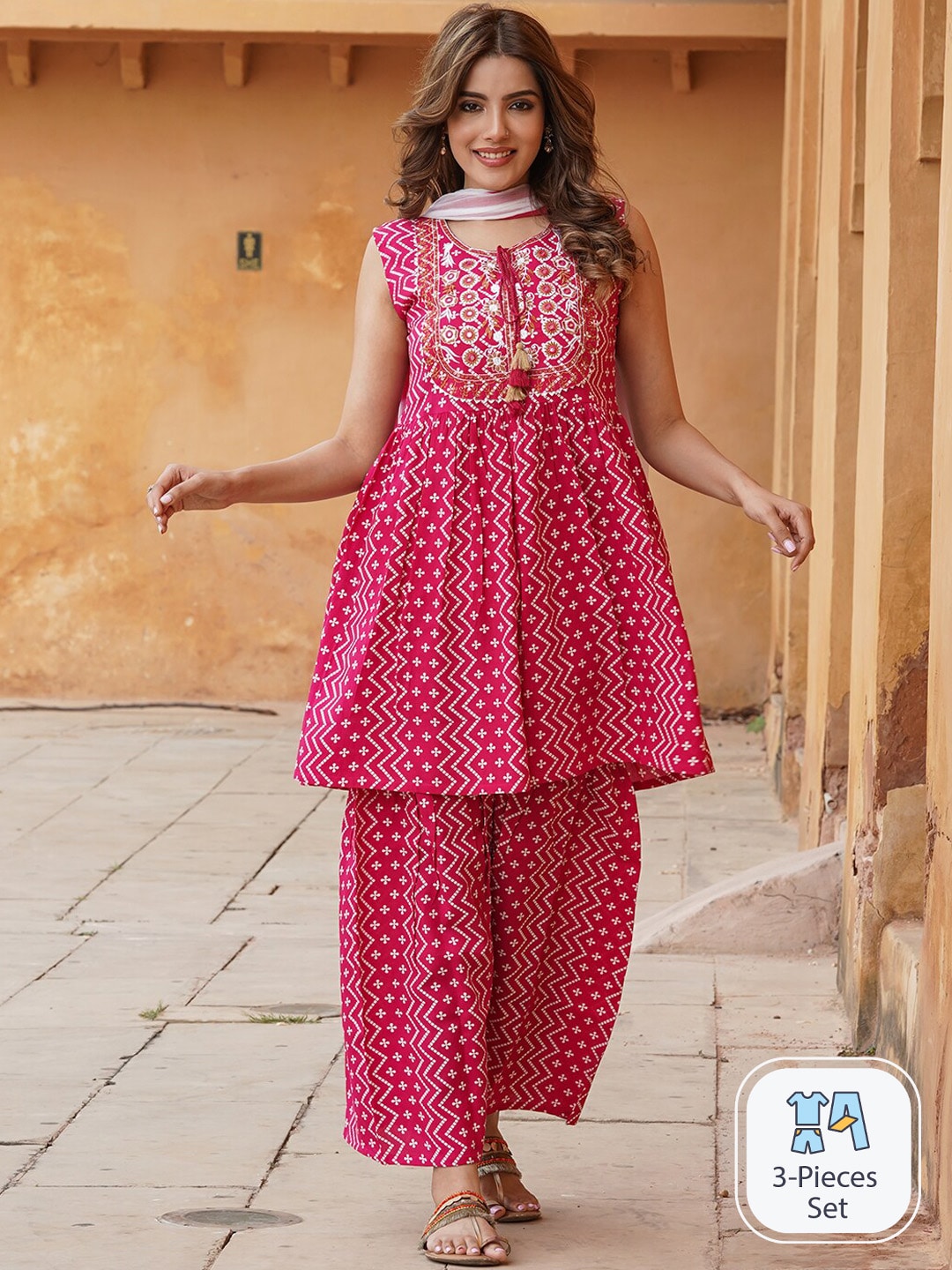 Kalini Ethnic Motifs Printed A-Line Kurta With Sharara & Dupatta - Distacart