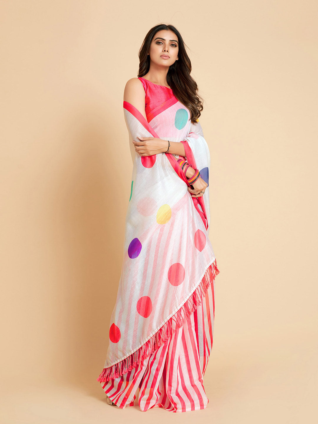 Sangria White & Pink Polka Dotted Saree - Distacart