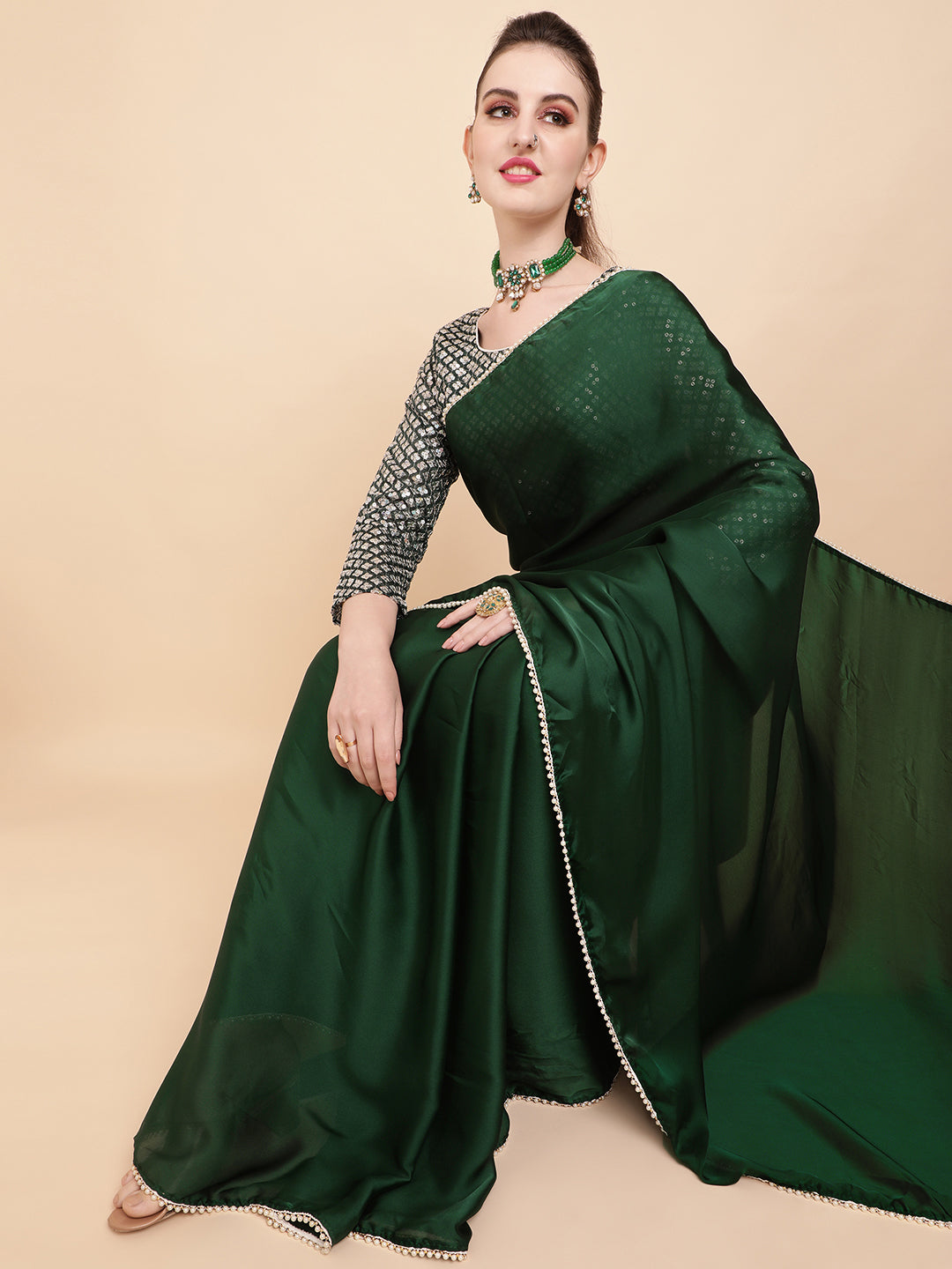 Sangria Green Sequinned Satin Saree - Distacart