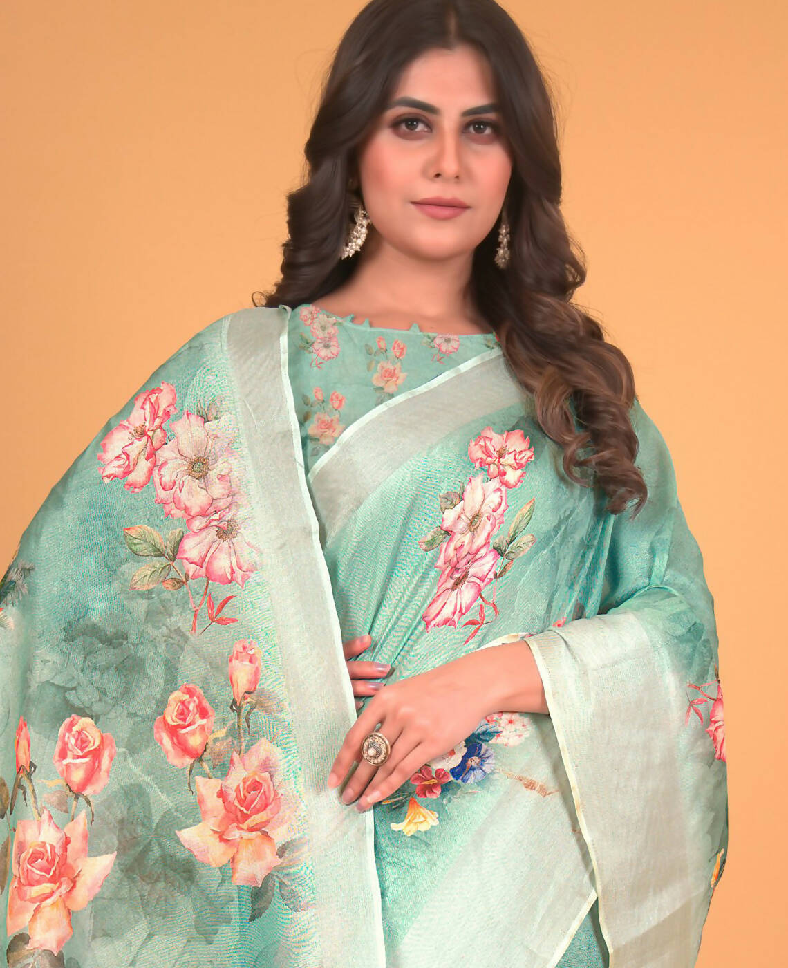 Sea Green Cotton Silk Floral Printed Saree With Unstitched Blouse Piece - Akshita - Distacart