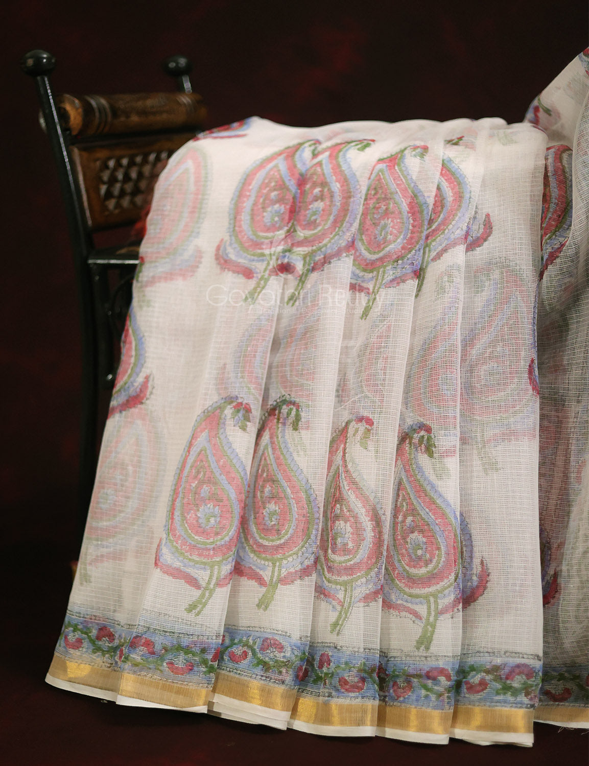 Off White Mango Block Design Pure Kota Cotton Saree By Gayathri Reddy Designer Studio - Distacart