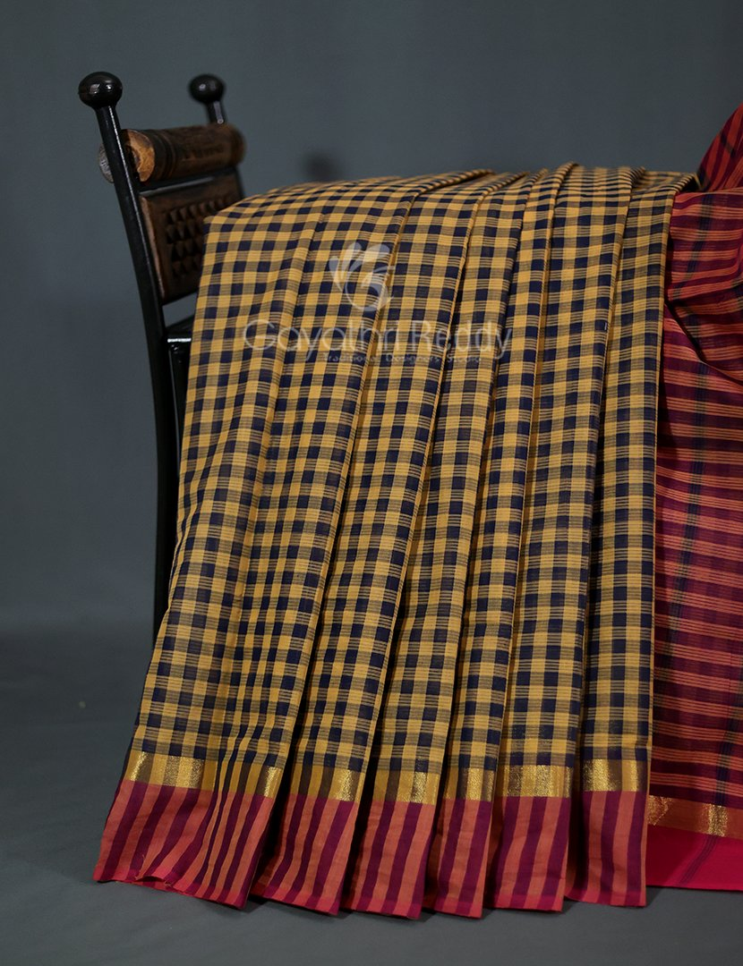 Mustard And Black With Checks Pure Mangalgiri Cotton Saree By Gayathri Reddy Designer Studio - Distacart